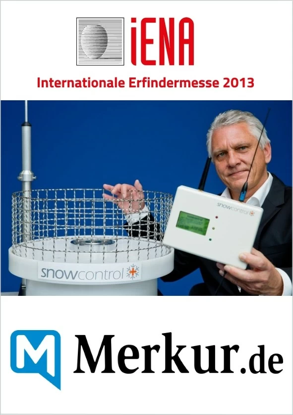 Press clipping from the Münchner Merkur (2013): report on the iENA inventors' fair featuring the award-winning snowcontrol snow gauge