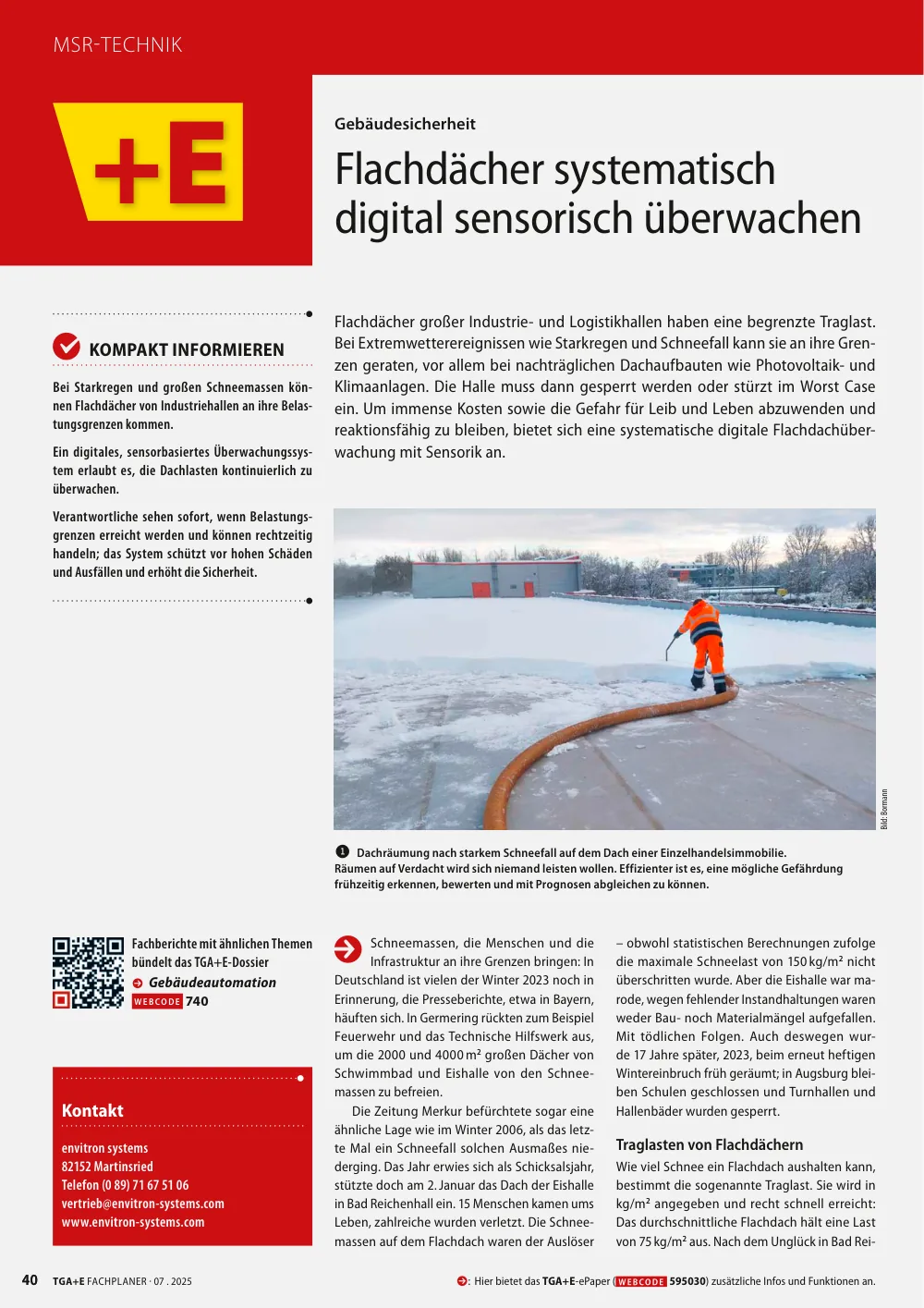 Cover of TGA+E Fachplaner magazine, July 2025 issue, featuring the envitron article on sensor-based monitoring of flat-roof loads.